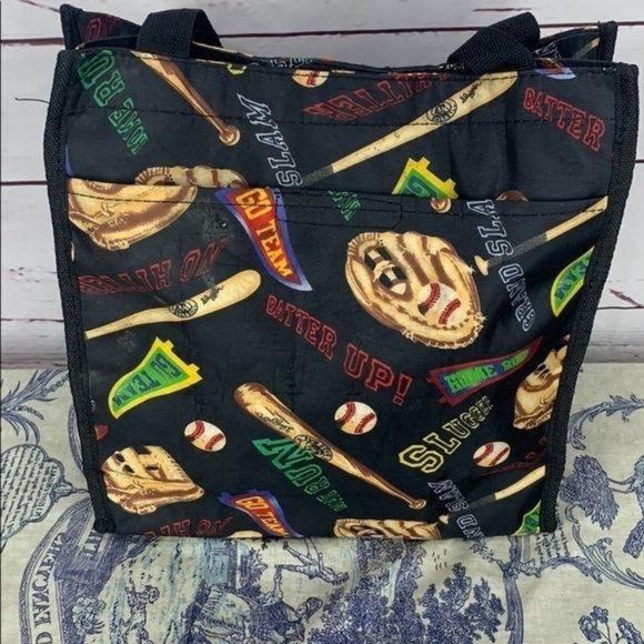 Baseball Sports Woman's Black Multi Compartments Tote Bag Purse Travel - Picture 2 of 7